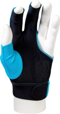 Molinari cyan billiards glove for the right handed player, viewed from the hand palm